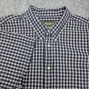 Eddie Bauer Shirt Mens Tall XXXL Navy Plaid Seersucker Relaxed Fit Button Down